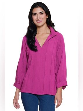 John Mark Orchid Split Neck Pintuck Top XL Flowy Textured Fuchsia 3/4 Sleeve